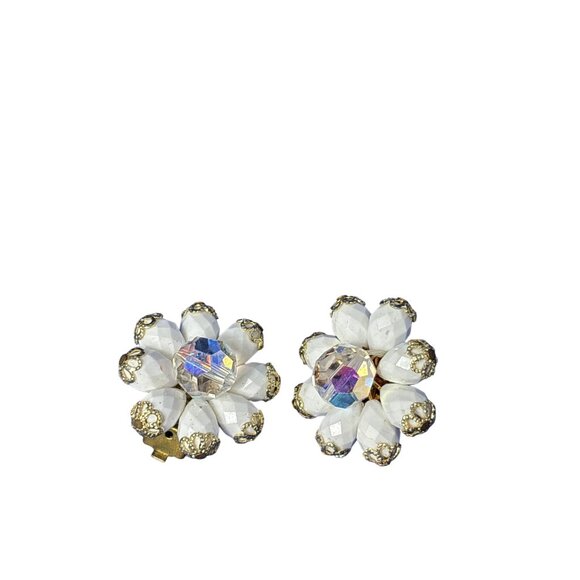Jewelry - Vintage West Germany Signed Slip On Earrings Bead Clusters Plastic AB White Gold
